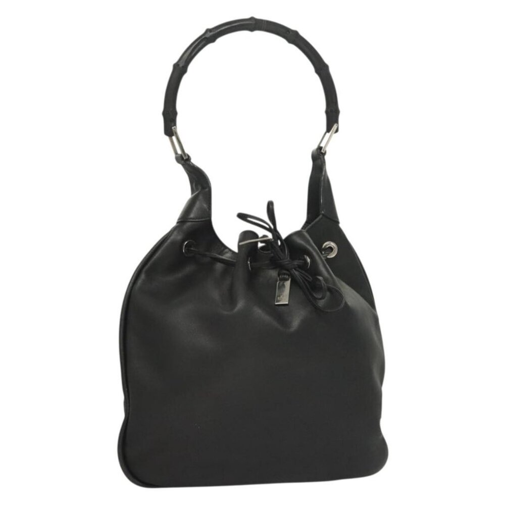 Authentic GUCCI Bamboo Shoulder Bag Leather Black Silver 0014033